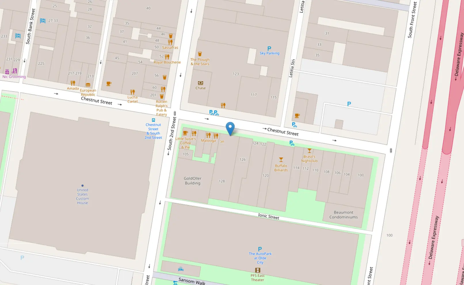 An image of a map, showing the location 128 Chestnut St, Phila, PA, 19106